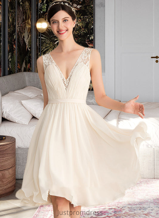 Laurel A-Line V-neck Knee-Length Chiffon Lace Wedding Dress With Ruffle HHP0013794