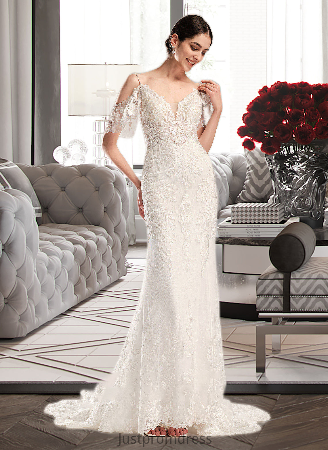 Kyra Trumpet/Mermaid V-neck Chapel Train Wedding Dress With Beading Sequins HHP0013802