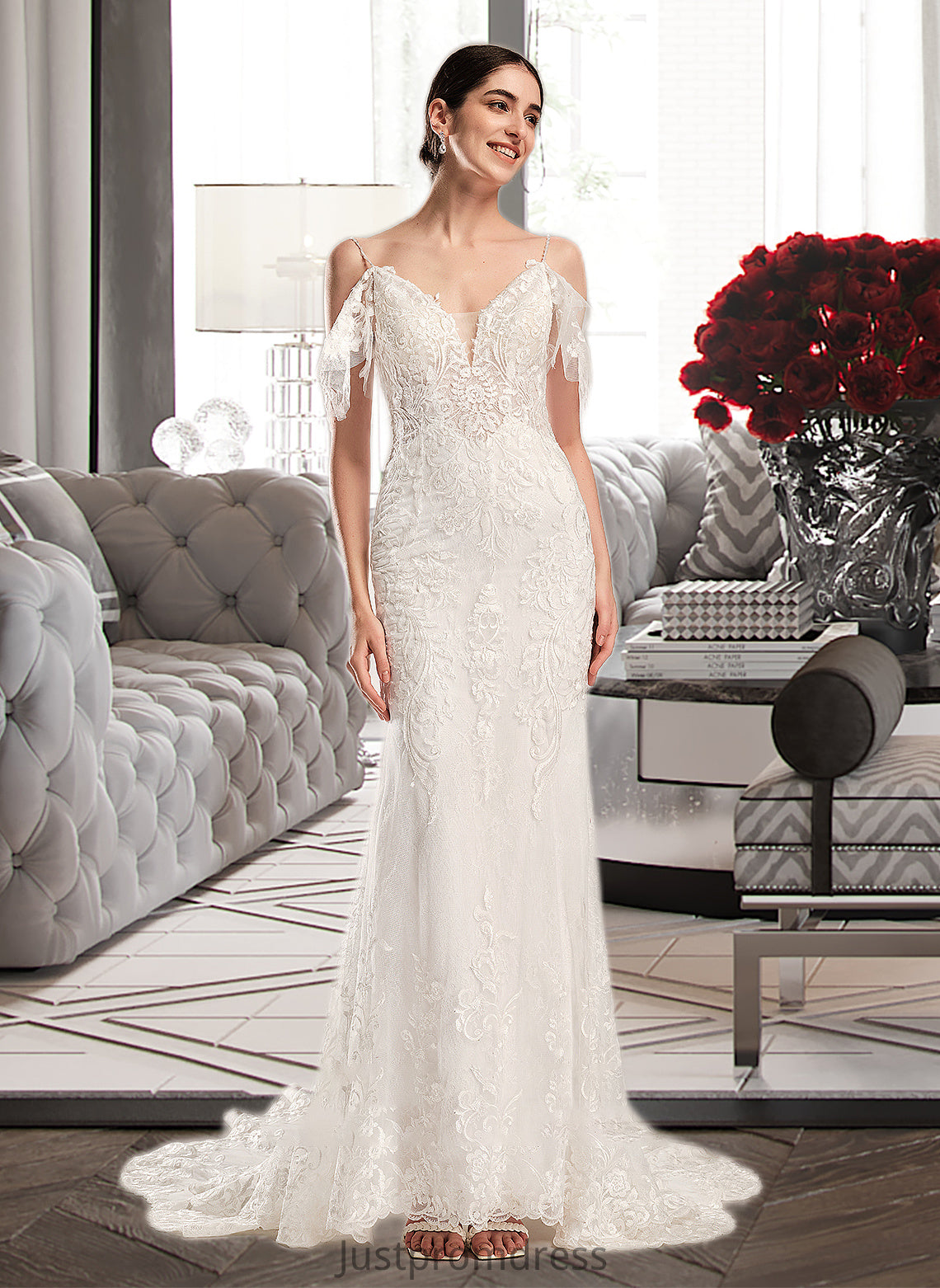 Kyra Trumpet/Mermaid V-neck Chapel Train Wedding Dress With Beading Sequins HHP0013802