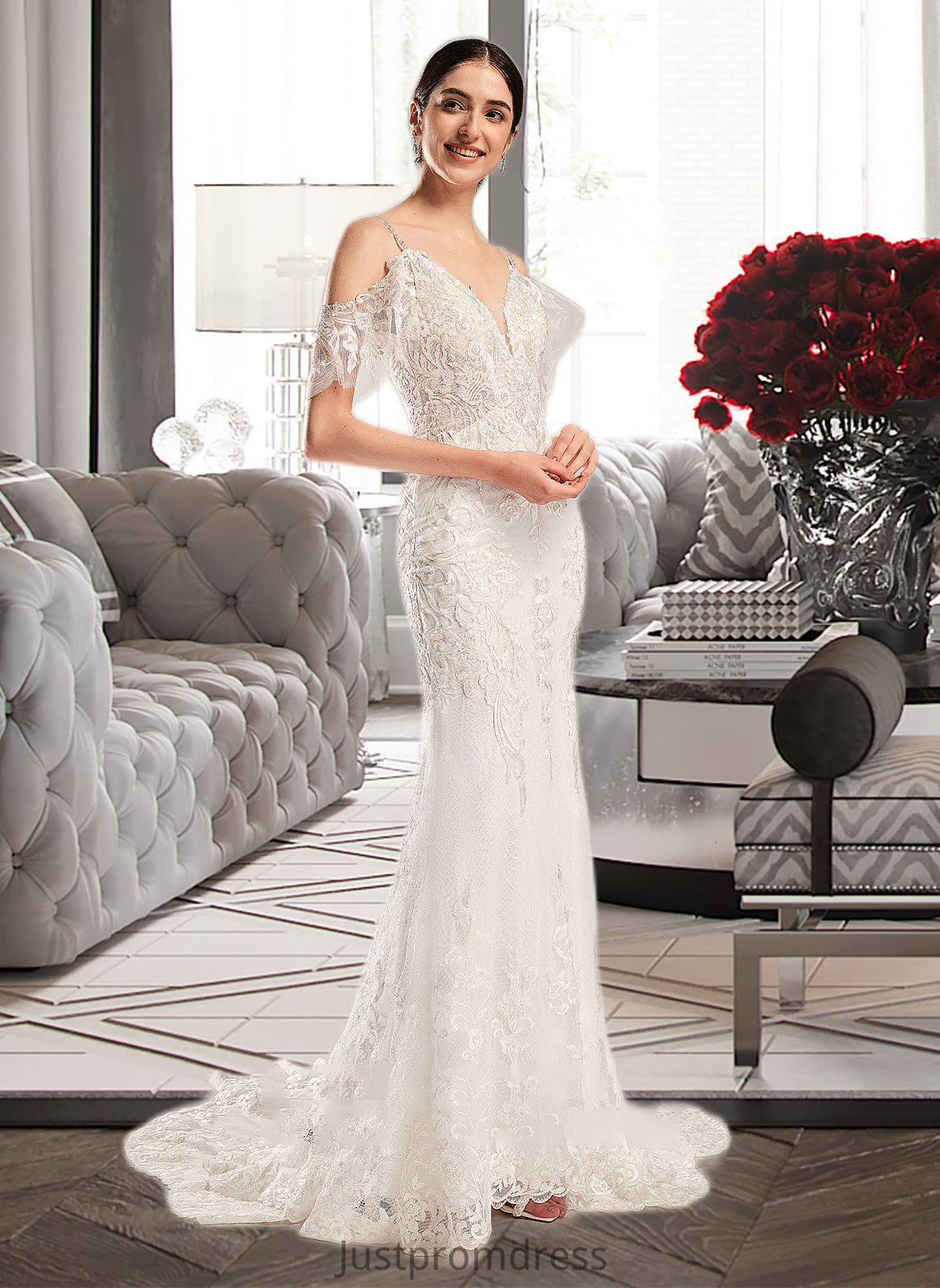 Kyra Trumpet/Mermaid V-neck Chapel Train Wedding Dress With Beading Sequins HHP0013802