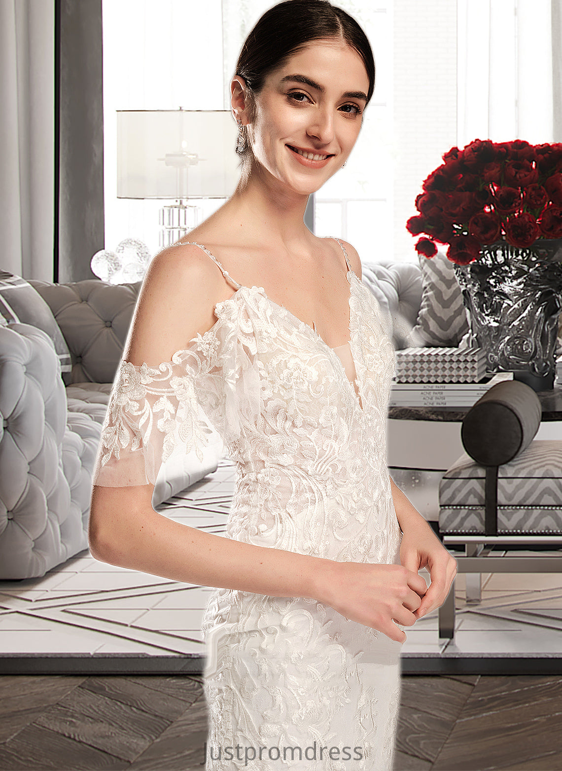 Kyra Trumpet/Mermaid V-neck Chapel Train Wedding Dress With Beading Sequins HHP0013802