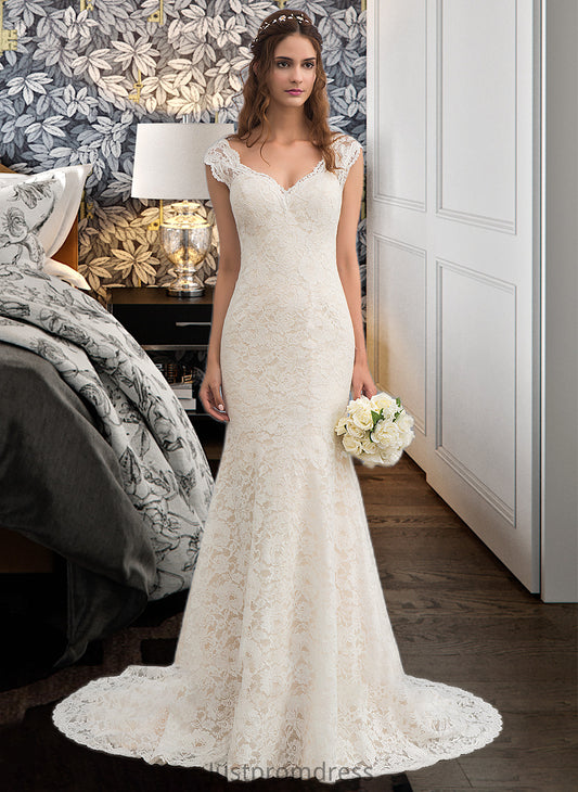 Jane Trumpet/Mermaid V-neck Court Train Lace Wedding Dress HHP0013804