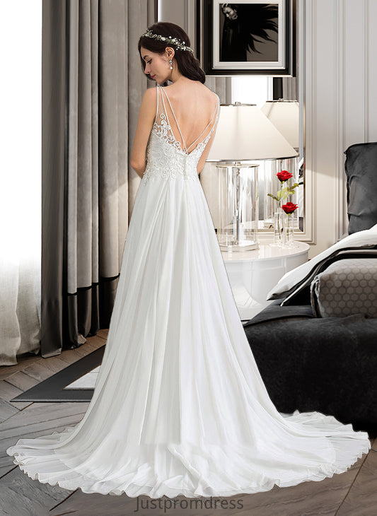 Jane A-Line V-neck Sweep Train Chiffon Wedding Dress With Beading Sequins Split Front HHP0013806