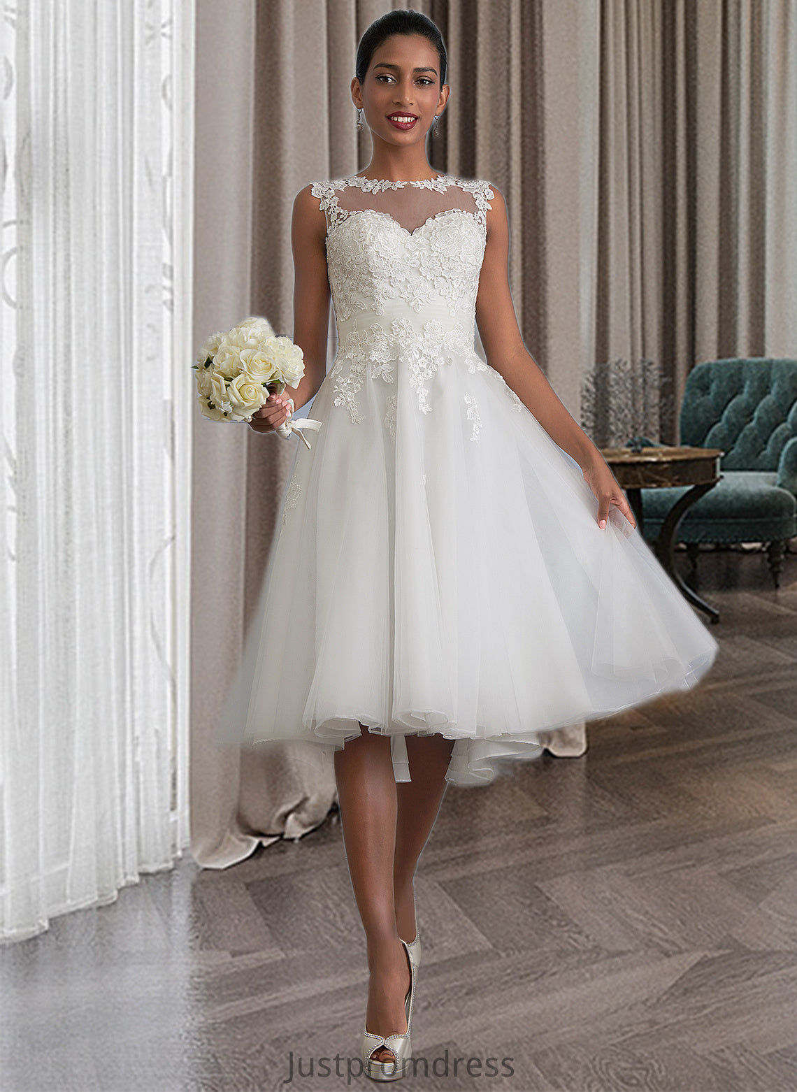 Katelyn A-Line Illusion Asymmetrical Tulle Wedding Dress With Ruffle HHP0013808