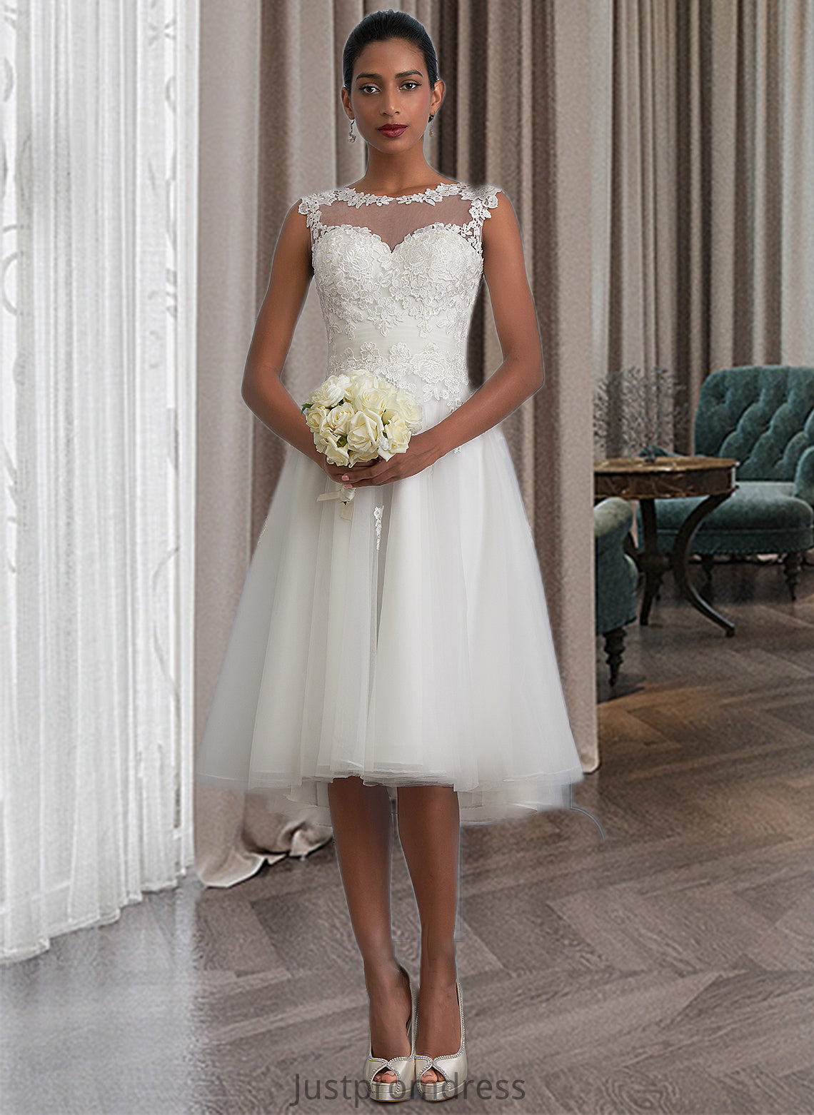 Katelyn A-Line Illusion Asymmetrical Tulle Wedding Dress With Ruffle HHP0013808