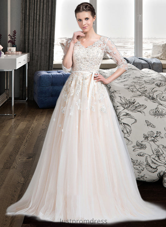 Seraphina Ball-Gown/Princess V-neck Court Train Tulle Wedding Dress With Beading Appliques Lace Sequins Bow(s) HHP0013809