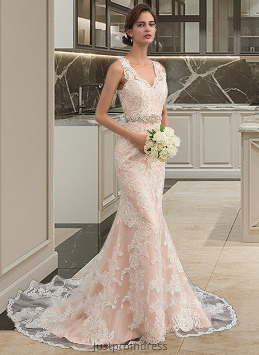 Francesca Trumpet/Mermaid V-neck Chapel Train Tulle Lace Wedding Dress With Beading HHP0013810