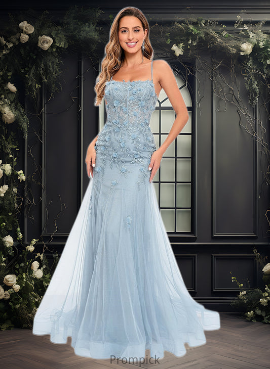 Jazlynn Trumpet/Mermaid Straight Sweep Train Tulle Prom Dresses With Flower HHP0025866