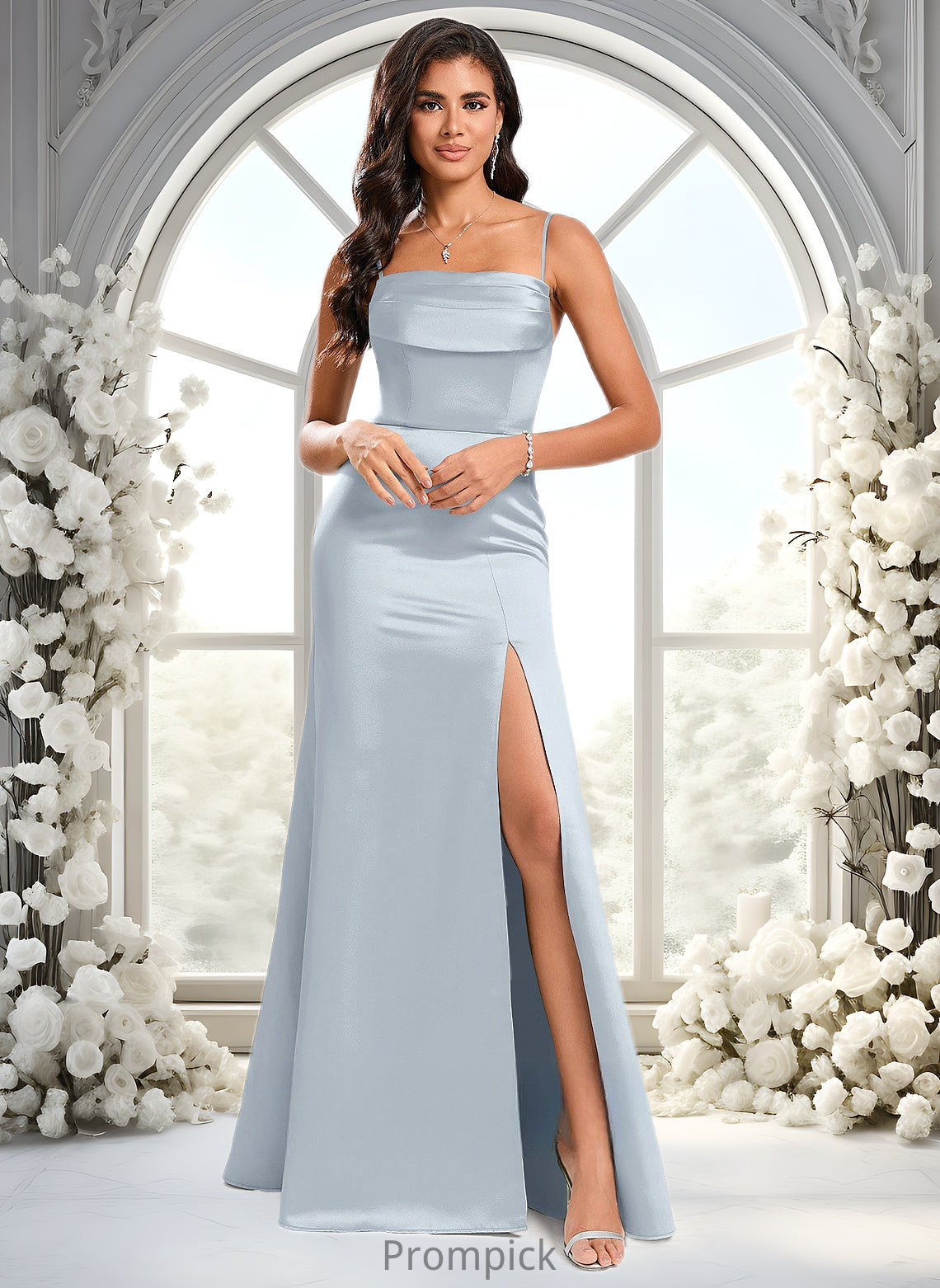 Patricia Trumpet/Mermaid Off the Shoulder Square Floor-Length Satin Prom Dresses With Ruffle HHP0025883