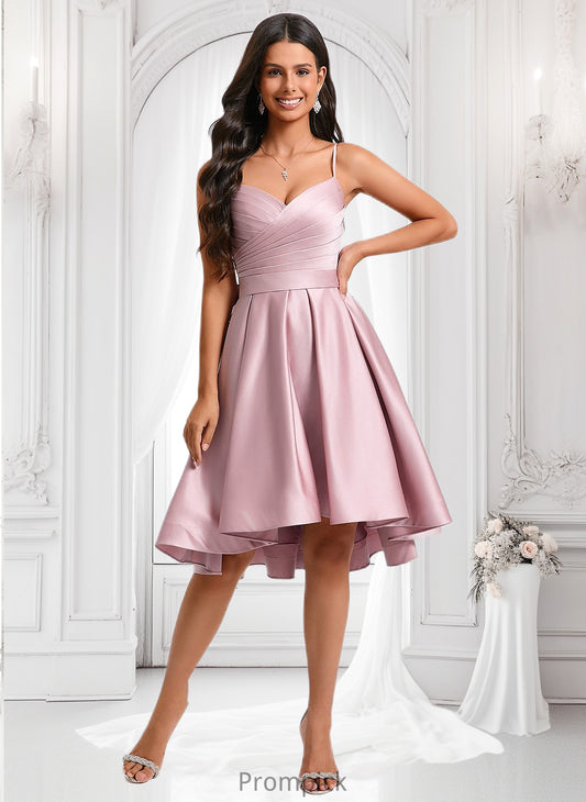 Azul A-line V-Neck Asymmetrical Satin Homecoming Dress With Bow Pleated HHP0025699