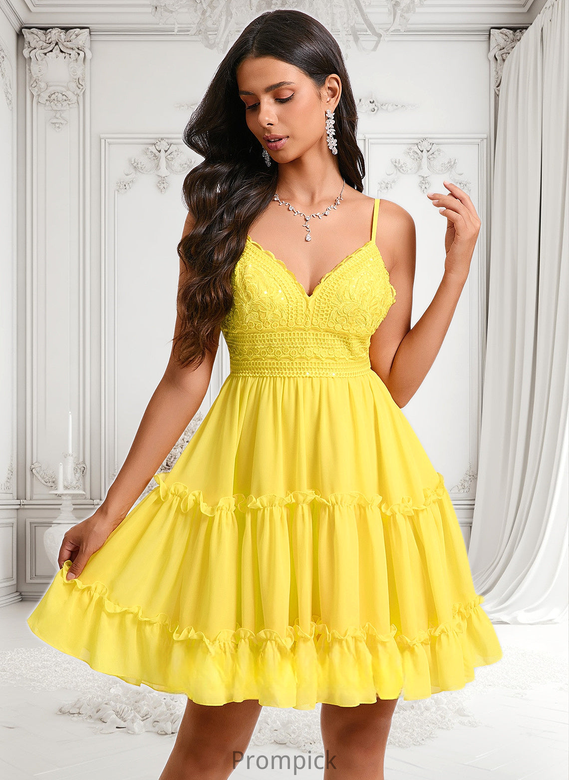 Lainey A-line V-Neck Short Chiffon Homecoming Dress With Ruffle Sequins HHP0025700