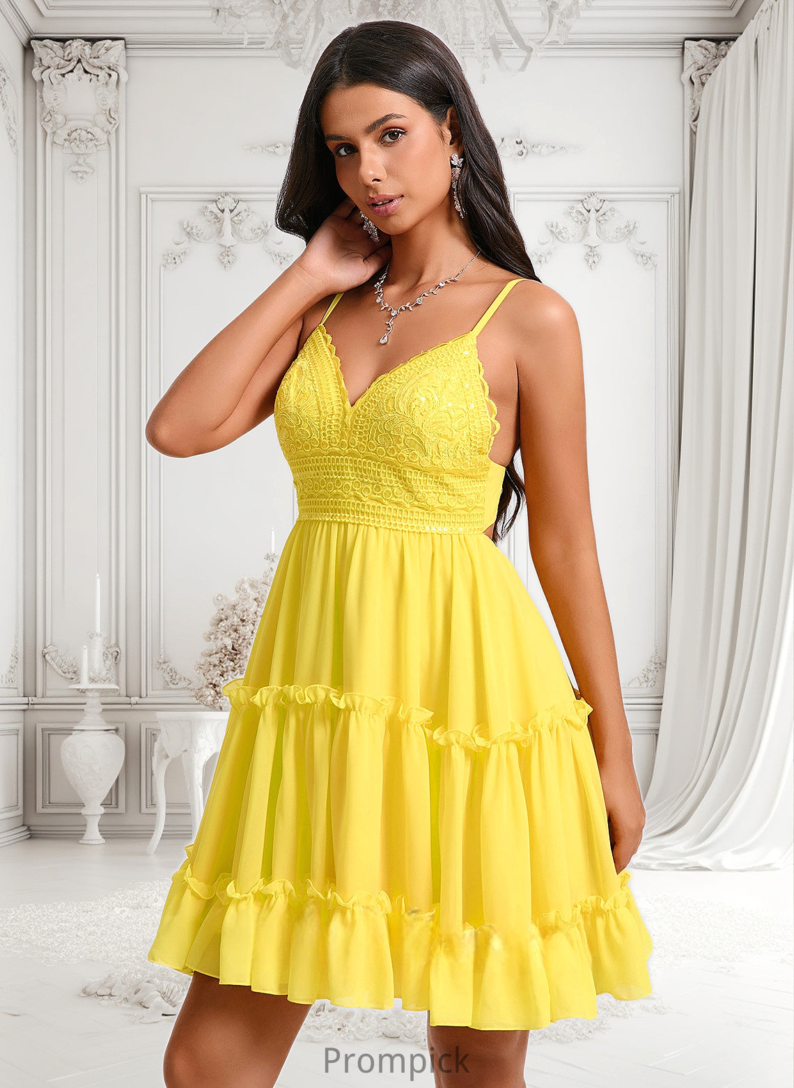 Lainey A-line V-Neck Short Chiffon Homecoming Dress With Ruffle Sequins HHP0025700