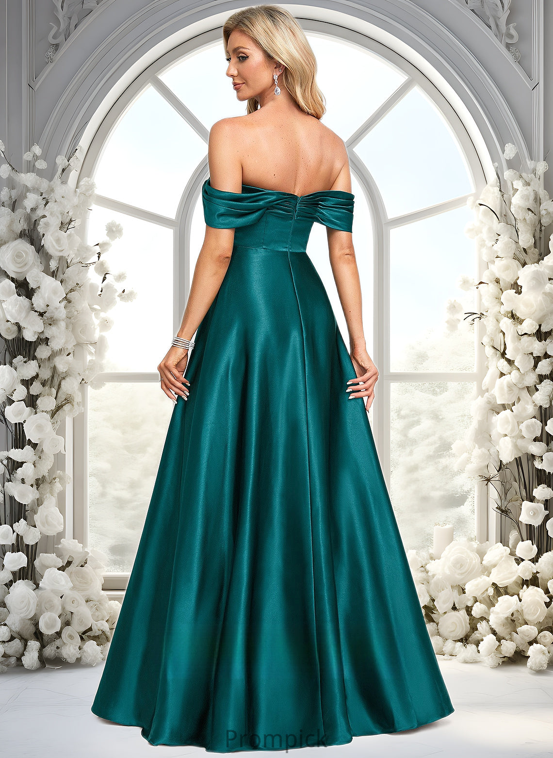 Meredith A-line Off the Shoulder Floor-Length Stretch Satin Prom Dresses HHP0025879