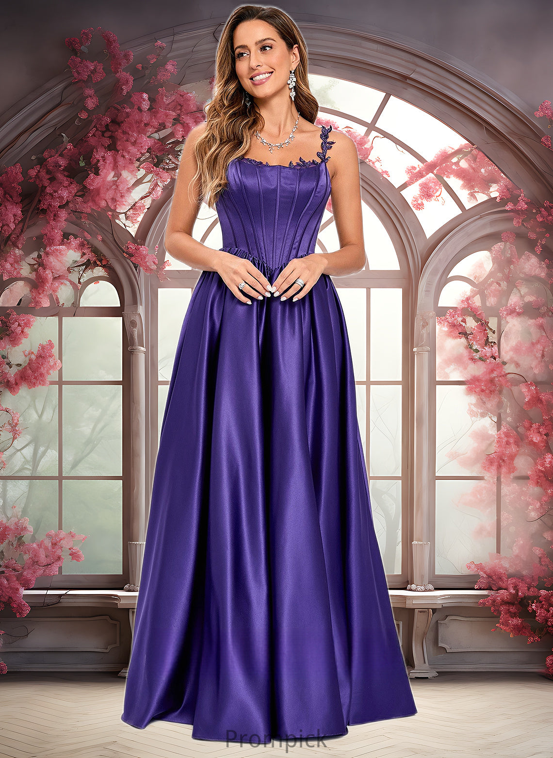 Giuliana Ball-Gown/Princess Scoop Floor-Length Satin Prom Dresses With Appliques Lace Beading HHP0025865