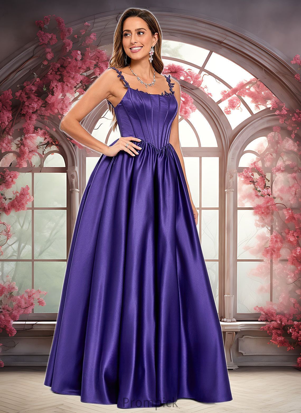 Giuliana Ball-Gown/Princess Scoop Floor-Length Satin Prom Dresses With Appliques Lace Beading HHP0025865