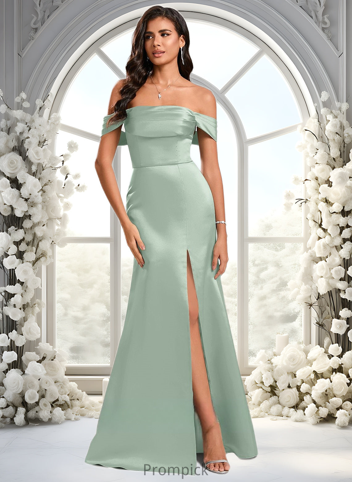 Patricia Trumpet/Mermaid Off the Shoulder Square Floor-Length Satin Prom Dresses With Ruffle HHP0025883