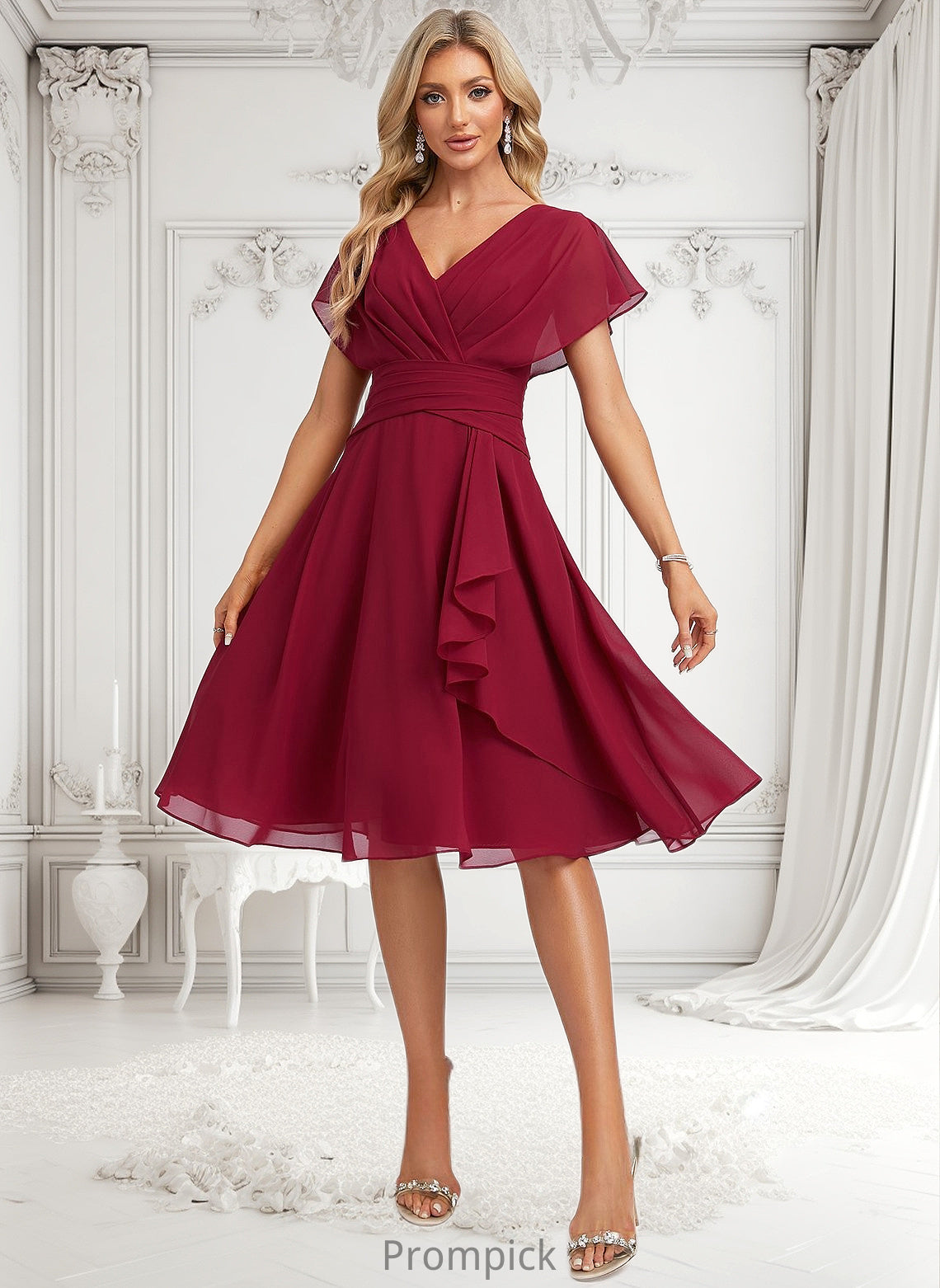 Philippa A-line V-Neck Knee-Length Chiffon Homecoming Dress With Ruffle HHP0025716