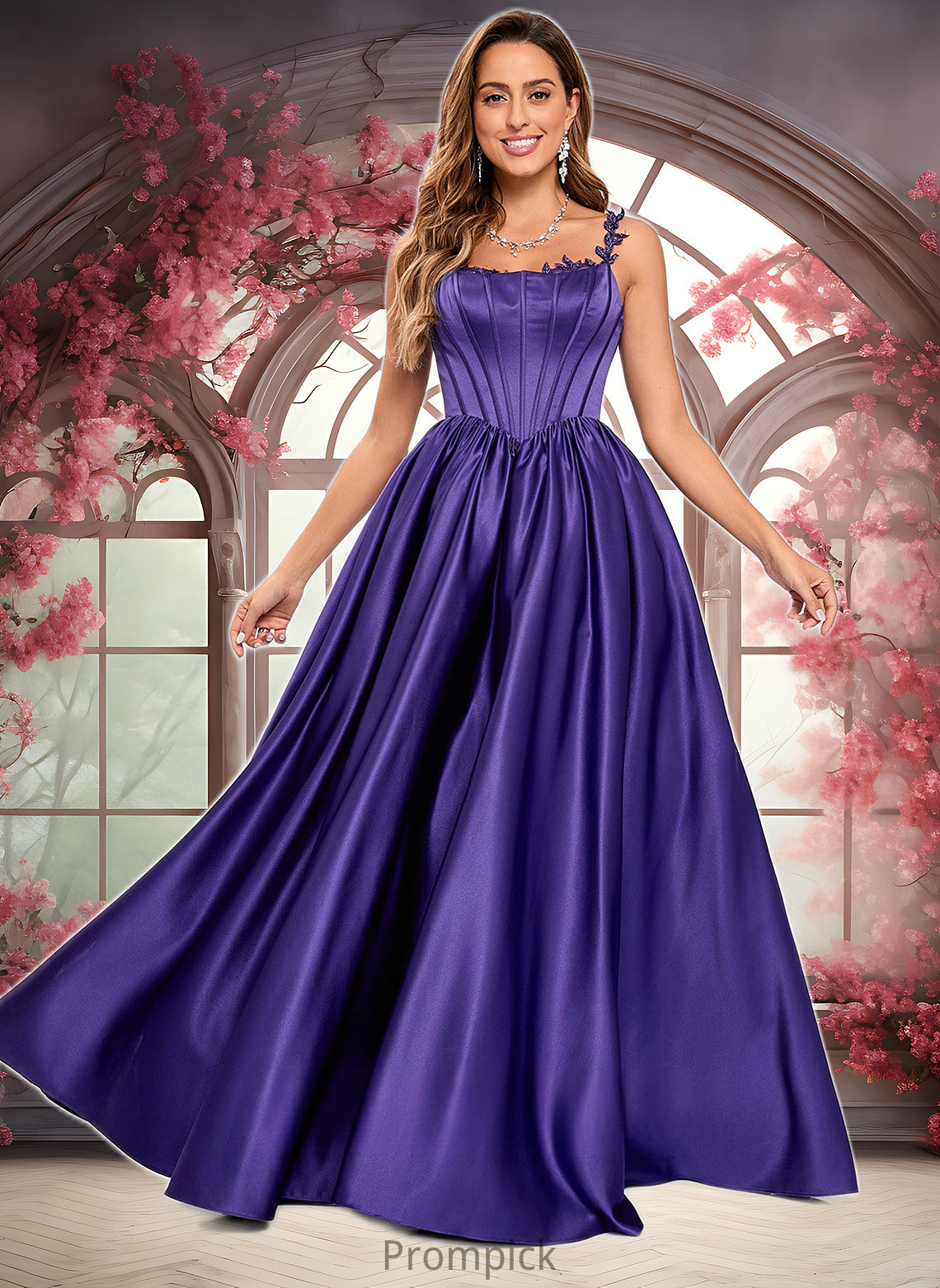 Giuliana Ball-Gown/Princess Scoop Floor-Length Satin Prom Dresses With Appliques Lace Beading HHP0025865