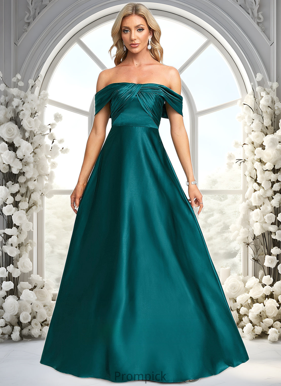 Meredith A-line Off the Shoulder Floor-Length Stretch Satin Prom Dresses HHP0025879