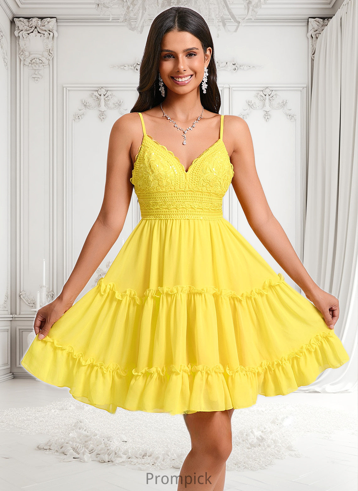 Lainey A-line V-Neck Short Chiffon Homecoming Dress With Ruffle Sequins HHP0025700