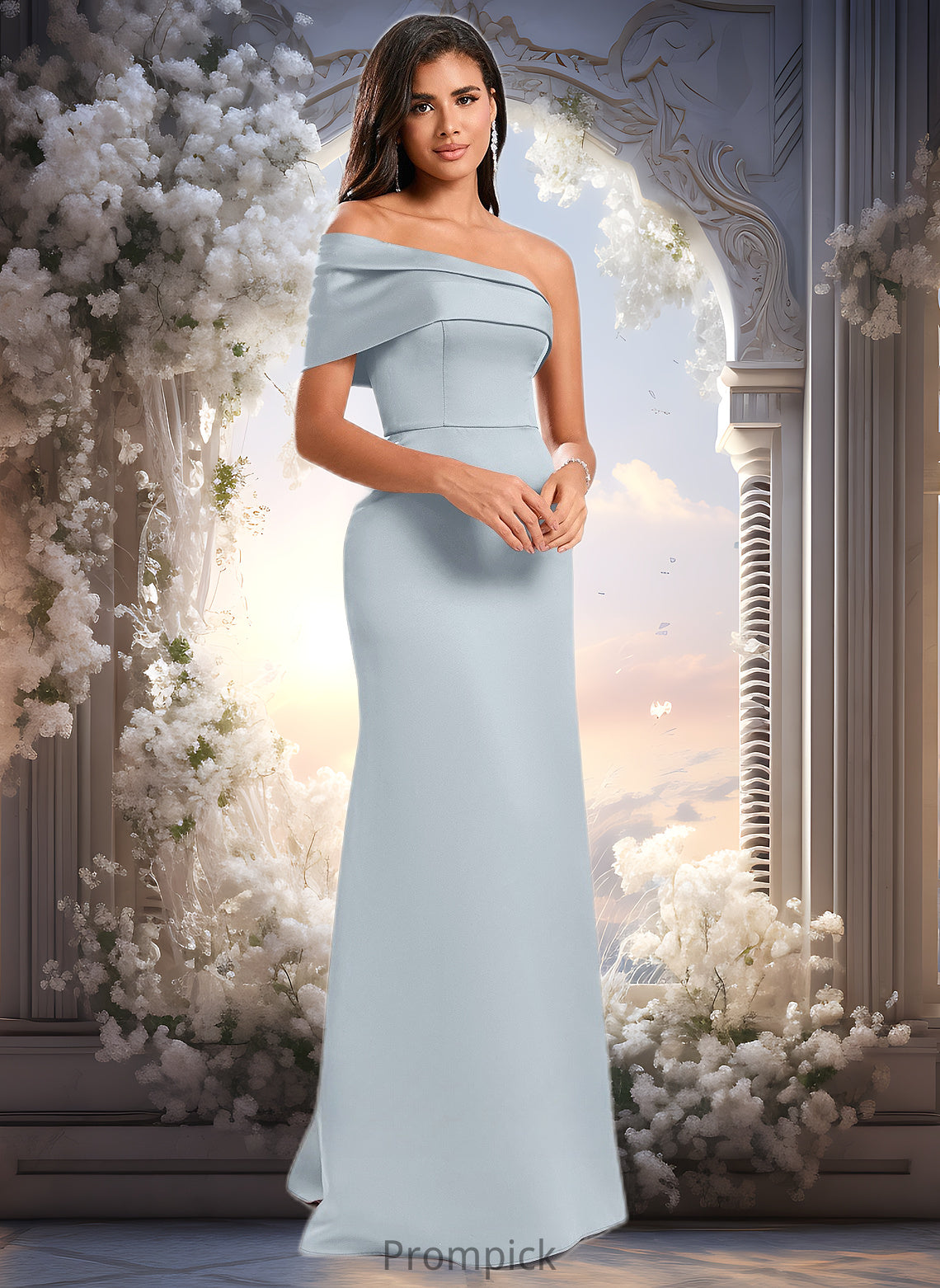 Aylin A-line Asymmetrical Off the Shoulder Floor-Length Satin Prom Dresses HHP0025884