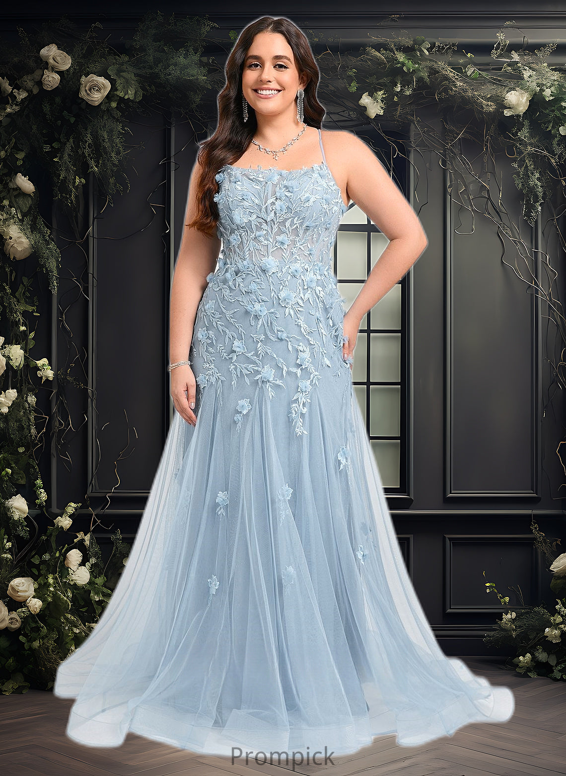 Jazlynn Trumpet/Mermaid Straight Sweep Train Tulle Prom Dresses With Flower HHP0025866