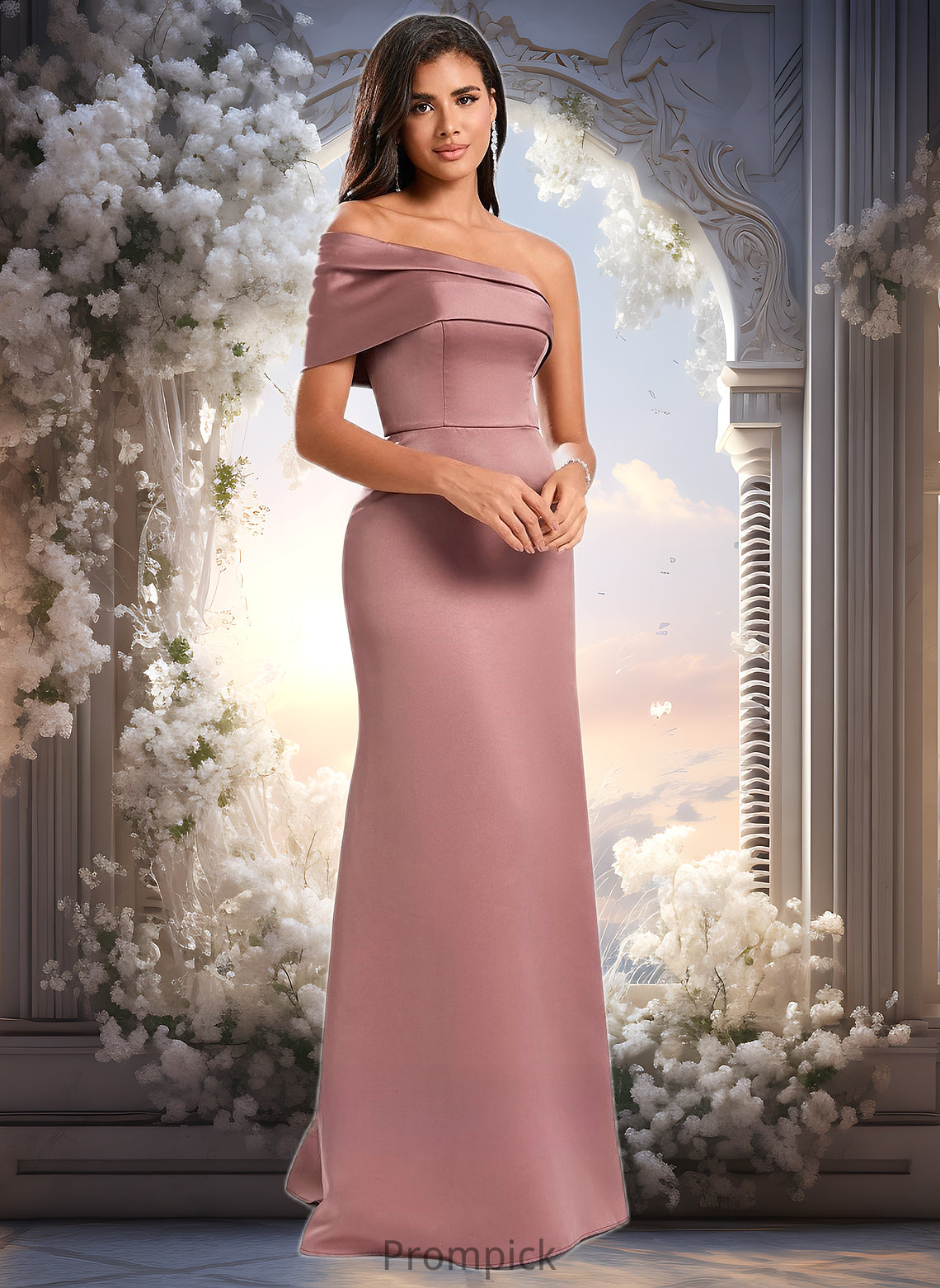 Aylin A-line Asymmetrical Off the Shoulder Floor-Length Satin Prom Dresses HHP0025884