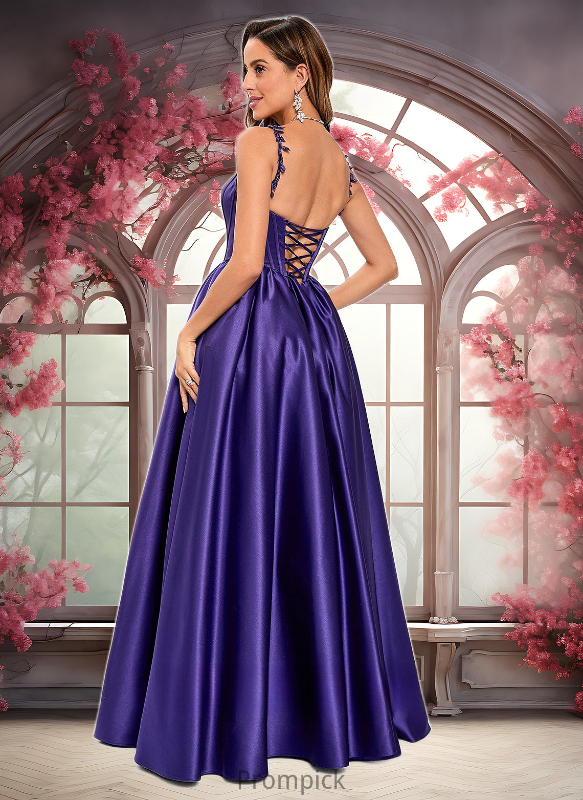 Giuliana Ball-Gown/Princess Scoop Floor-Length Satin Prom Dresses With Appliques Lace Beading HHP0025865