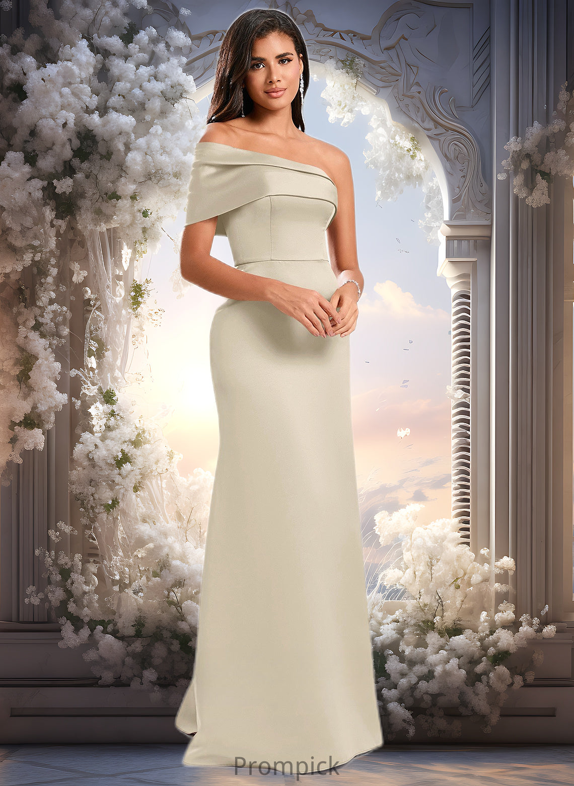 Aylin A-line Asymmetrical Off the Shoulder Floor-Length Satin Prom Dresses HHP0025884