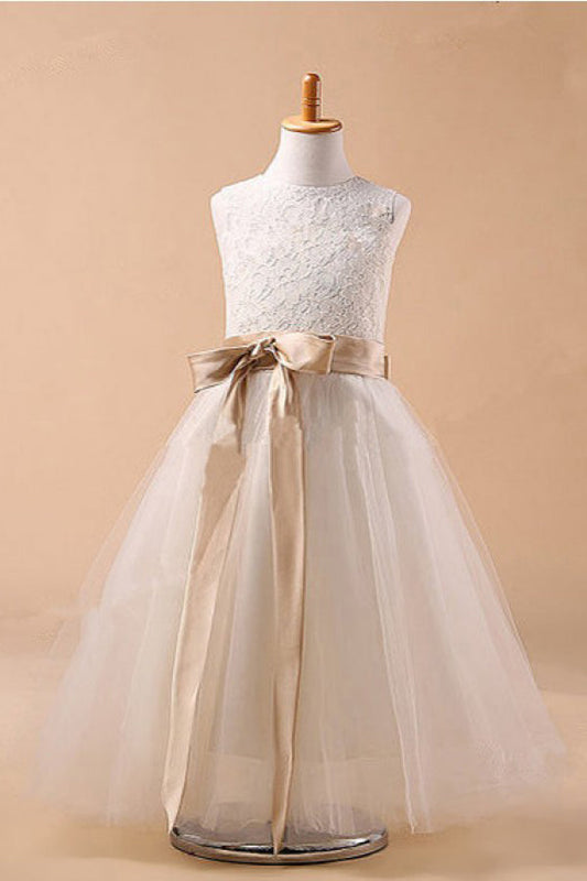 White A Line Floor Length Scoop Neck Sleeveless Bowknot Flower Girl Dresses,Baby Dresses