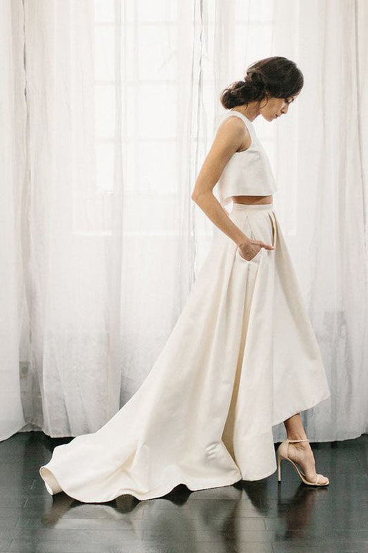 Simple Two Piece Ivory Satin A Line Long Beach Wedding Dresses