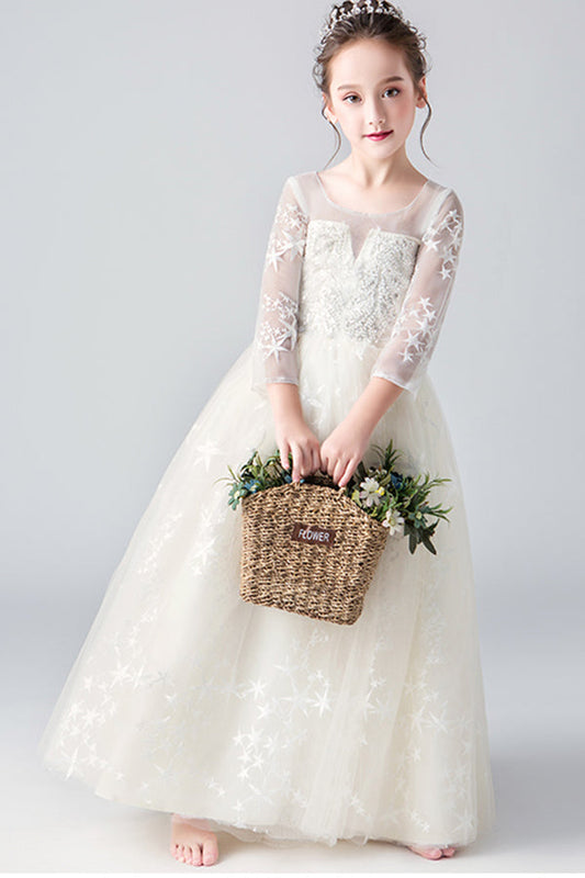 Sparkly Round Neck Long Sleeves With Sequins Floor Length Flower Girl Dresses